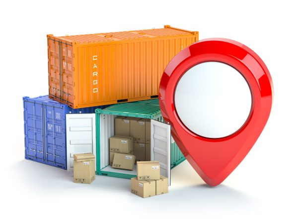 Cargo containers and pin isolated on white. Delivery, shipping and storage service. 3d illustration